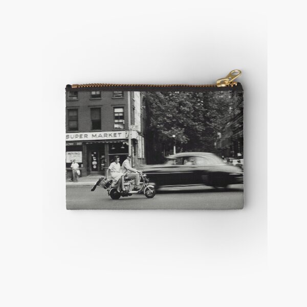 Item preview, Vintage view of man and woman on motorized scooter, A&M Super Market, city life New York City black and white photograph designed and sold by Astrid Arkhangelsky.