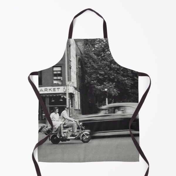 Item preview, Vintage view of man and woman on motorized scooter, A&M Super Market, city life New York City black and white photograph designed and sold by Astrid Arkhangelsky.