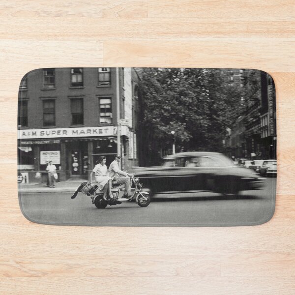 Item preview, Vintage view of man and woman on motorized scooter, A&M Super Market, city life New York City black and white photograph designed and sold by Astrid Arkhangelsky.