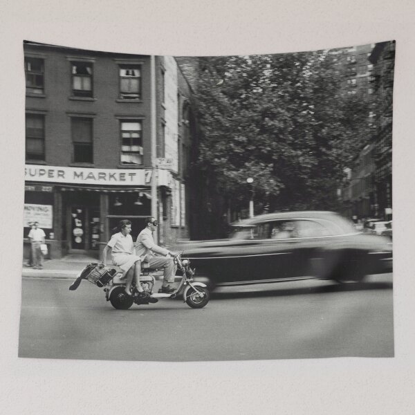 Item preview, Vintage view of man and woman on motorized scooter, A&M Super Market, city life New York City black and white photograph designed and sold by Astrid Arkhangelsky.
