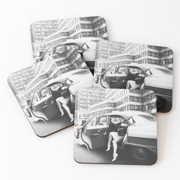 Item preview, Fashionable woman exiting a yellow cab taxi in New York City vintage black and white art print photograph designed and sold by Astrid Arkhangelsky.