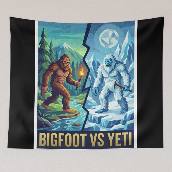 Item preview, Bigfoot vs Yeti – Legendary Cryptid Showdown Pop Art designed and sold by redsharkuk.