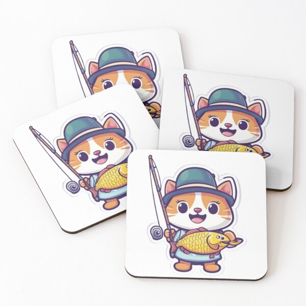 Item preview, "Cute Fishing Cat - Kawaii Angler Mascot" or "Happy Fisher Cat with Catch" Tags: designed and sold by NoFishToday.