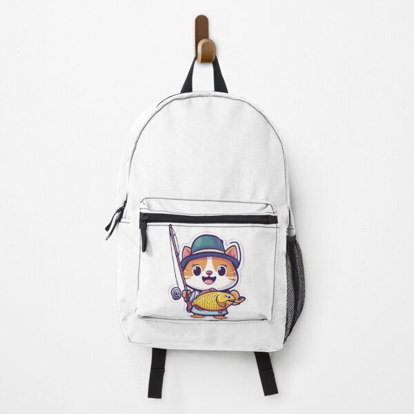 Item preview, "Cute Fishing Cat - Kawaii Angler Mascot" or "Happy Fisher Cat with Catch" Tags: designed and sold by NoFishToday.