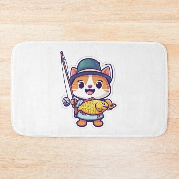 Item preview, "Cute Fishing Cat - Kawaii Angler Mascot" or "Happy Fisher Cat with Catch" Tags: designed and sold by NoFishToday.