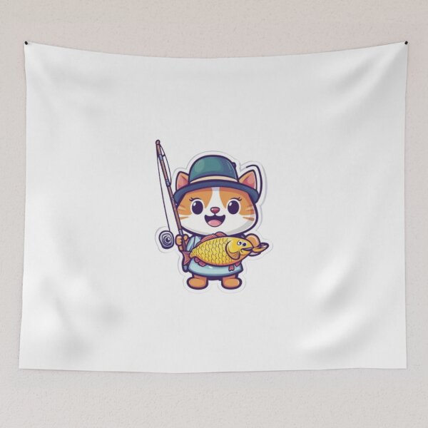 Item preview, "Cute Fishing Cat - Kawaii Angler Mascot" or "Happy Fisher Cat with Catch" Tags: designed and sold by NoFishToday.