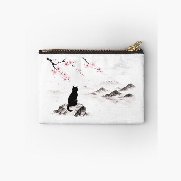 Item preview, Black Cat Silhouette Sakura Mount Fuji Japanese Zen Lake White Background designed and sold by Natalia-Vlad.