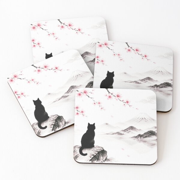Item preview, Black Cat Silhouette Sakura Mount Fuji Japanese Zen Lake White Background designed and sold by Natalia-Vlad.