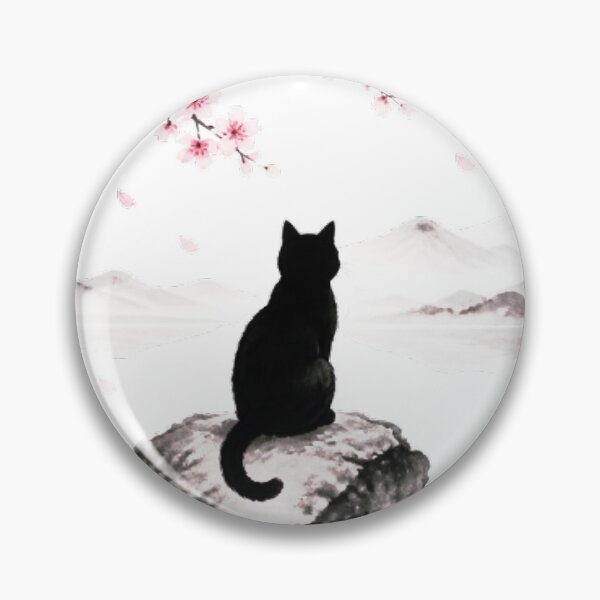 Item preview, Black Cat Silhouette Sakura Mount Fuji Japanese Zen Lake White Background designed and sold by Natalia-Vlad.
