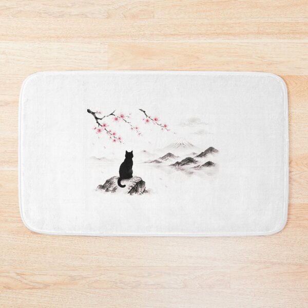 Item preview, Black Cat Silhouette Sakura Mount Fuji Japanese Zen Lake White Background designed and sold by Natalia-Vlad.