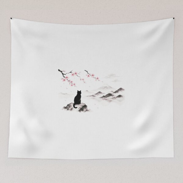 Item preview, Black Cat Silhouette Sakura Mount Fuji Japanese Zen Lake White Background designed and sold by Natalia-Vlad.