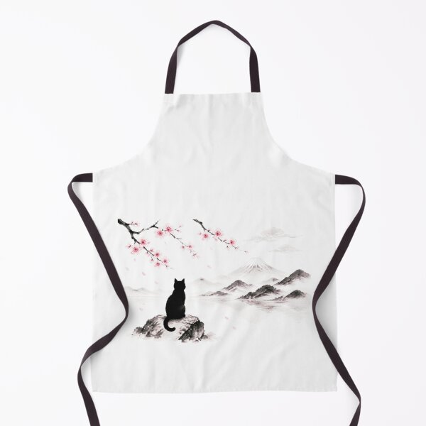 Item preview, Black Cat Silhouette Sakura Mount Fuji Japanese Zen Lake White Background designed and sold by Natalia-Vlad.