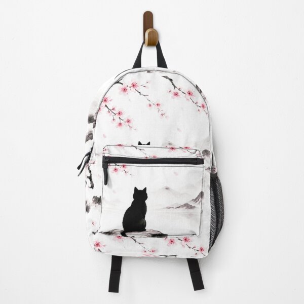Item preview, Black Cat Silhouette Sakura Mount Fuji Japanese Zen Lake White Background designed and sold by Natalia-Vlad.