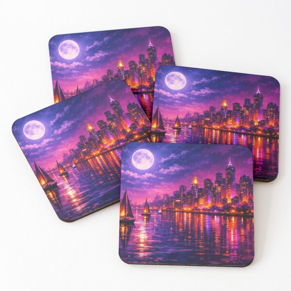 Item preview, Moonlit City Skyline - Purple Urban Nightscape Painting designed and sold by Joey Santiago.
