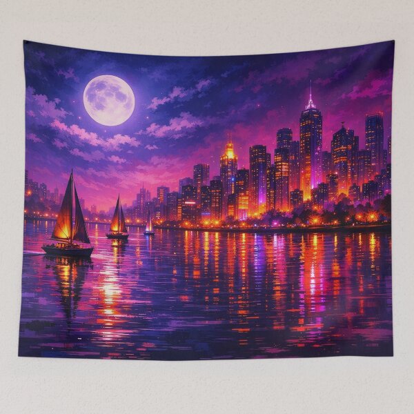 Item preview, Moonlit City Skyline - Purple Urban Nightscape Painting designed and sold by Joey Santiago.