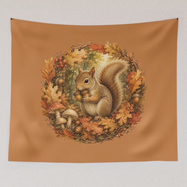 Item preview, Cottagecore Squirrel Autumn Print – Cute Acorn Oak Leaf Circle Art designed and sold by MagicMakerPh.