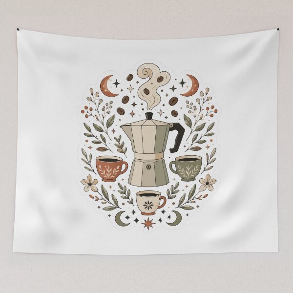 Item preview, Celestial Moka Pot with Magical Coffee Beans and Crescent Moons Home Espresso designed and sold by TSshirtShoppe.