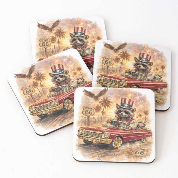 Item preview, Route 66 Raccoon Cruiser – Vintage Americana Lowrider Art by PLUSHI WORLD. PlushiWorld™ designed and sold by PLUSHIWORLDtm.
