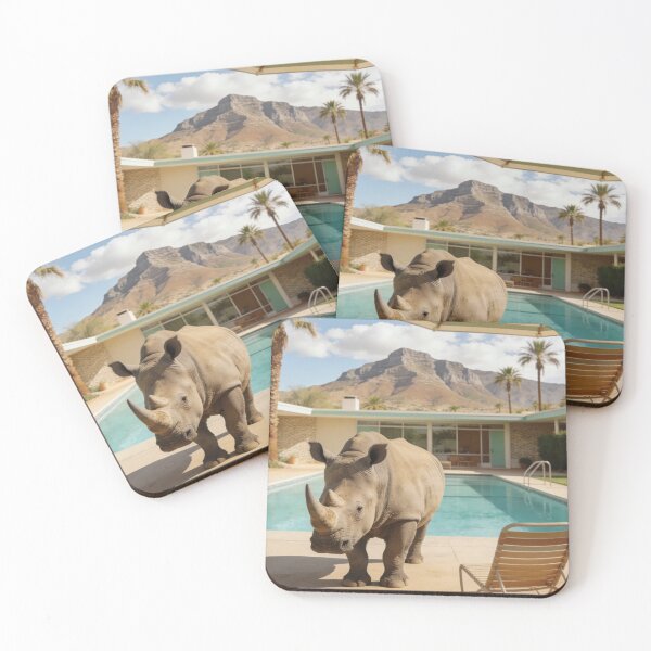 Item preview, Funny Rhino Poolside Photography Retro Vacation Aesthetic Surreal Animal Artwork Mid Century Modern Style Safari Lover Gift designed and sold by Kzara Visual.