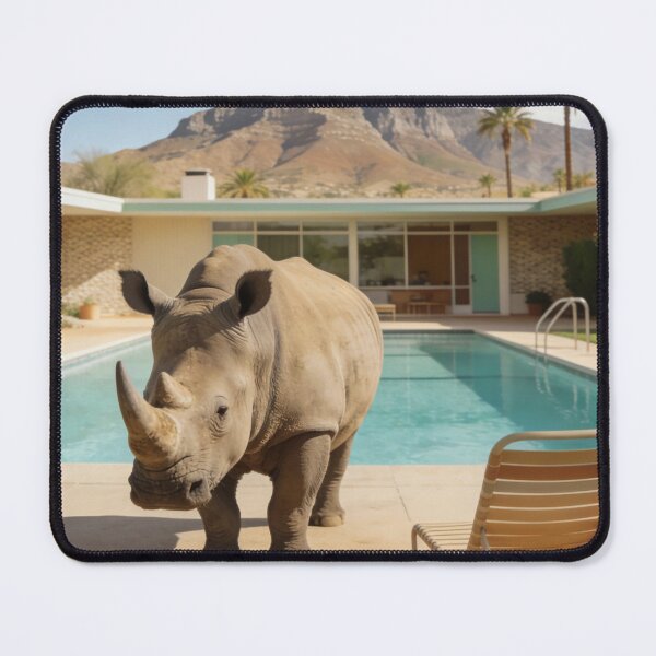 Item preview, Funny Rhino Poolside Photography Retro Vacation Aesthetic Surreal Animal Artwork Mid Century Modern Style Safari Lover Gift designed and sold by Kzara Visual.