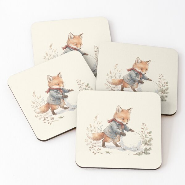 Item preview, Cozy Little Fox Rolling a Snowball Winter Watercolor Art designed and sold by Pasteltone.