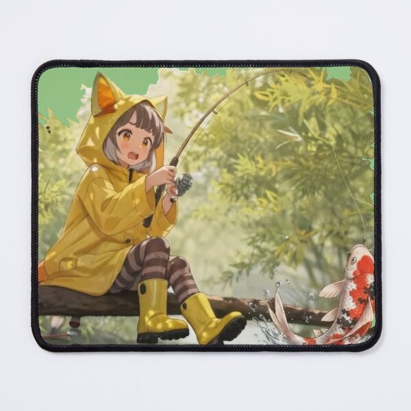 Item preview, Anime Girl Fishing in Yellow Raincoat – Cute Koi Fish Illustration Art designed and sold by BLUESKY11a.