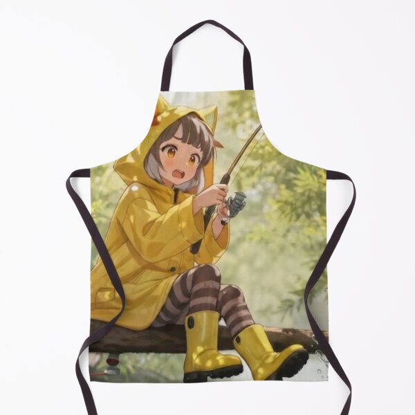 Item preview, Anime Girl Fishing in Yellow Raincoat – Cute Koi Fish Illustration Art designed and sold by BLUESKY11a.