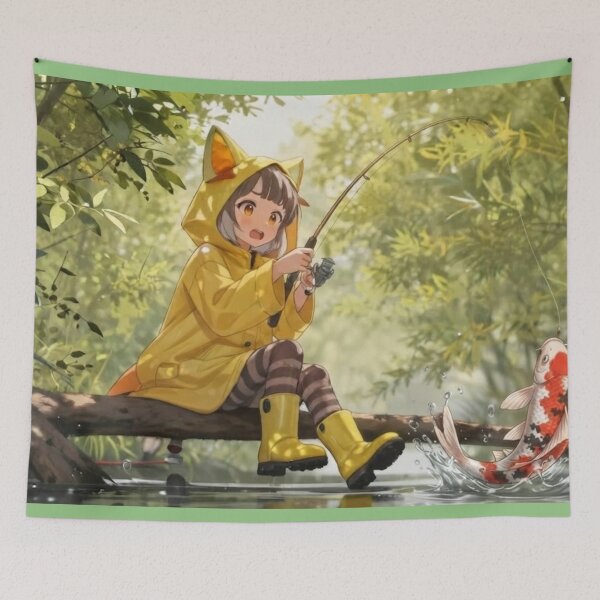 Item preview, Anime Girl Fishing in Yellow Raincoat – Cute Koi Fish Illustration Art designed and sold by BLUESKY11a.