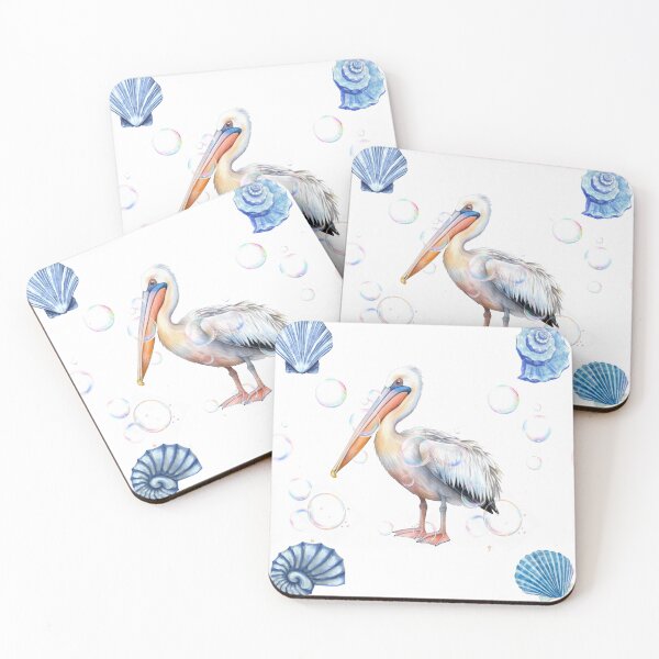 Item preview, Watercolor Pelican with Blue Sea Shells and Bubbles designed and sold by DidiDesignShop.