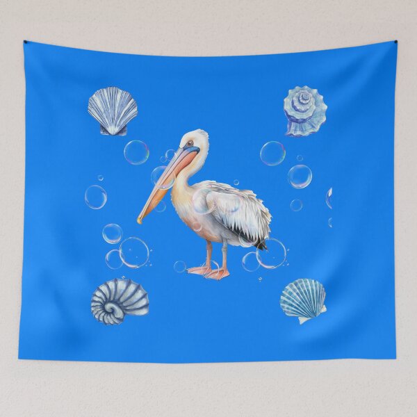 Item preview, Watercolor Pelican with Blue Sea Shells and Bubbles designed and sold by DidiDesignShop.