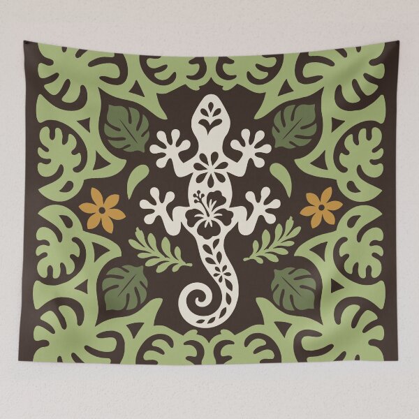 Item preview, Polynesian Gecko Tifaifai – Green Tropical Lizard Pattern designed and sold by Tahitifaifai.