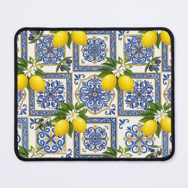 Item preview, Mediterranean Lemon Tile Pattern | Italian Amalfi Coast Citrus Seamless Blue Ceramic Floral Design designed and sold by Shivi-designs.