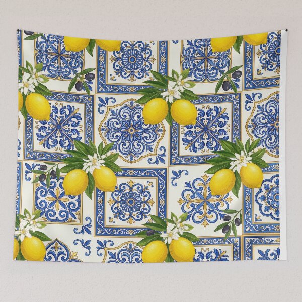 Item preview, Mediterranean Lemon Tile Pattern | Italian Amalfi Coast Citrus Seamless Blue Ceramic Floral Design designed and sold by Shivi-designs.
