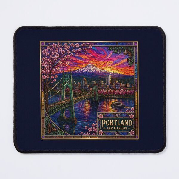 Item preview, Portland Oregon Stained Glass Art  Mount Hood | Vintage Travel Poster | Colorful Sunset Wall Art designed and sold by Swanny's Custom T-shirt and Gift Designs.