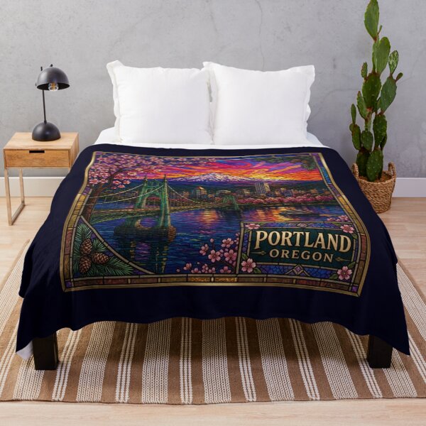 Item preview, Portland Oregon Stained Glass Art Mount Hood | Vintage Travel Poster | Colorful Sunset Wall Art designed and sold by Swanny's Custom T-shirt and Gift Designs.