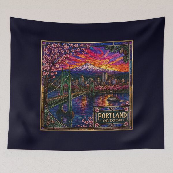 Item preview, Portland Oregon Stained Glass Art  Mount Hood | Vintage Travel Poster | Colorful Sunset Wall Art designed and sold by Swanny's Custom T-shirt and Gift Designs.