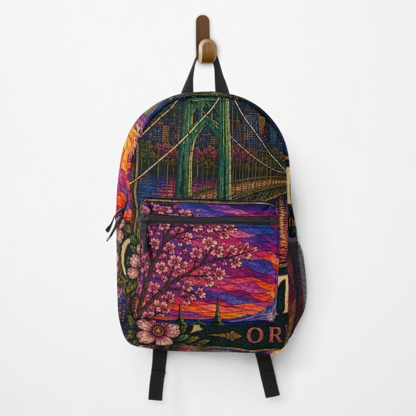 Item preview, Portland Oregon Stained Glass Art Mount Hood | Vintage Travel Poster | Colorful Sunset Wall Art designed and sold by Swanny's Custom T-shirt and Gift Designs.