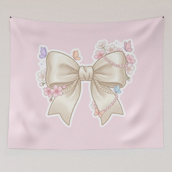 Item preview, Cute Coquette Cream Bow Sticker with Cherry Blossoms, Pearls & Butterflies - Kawaii Sakura Floral Design designed and sold by ethnicdigital.