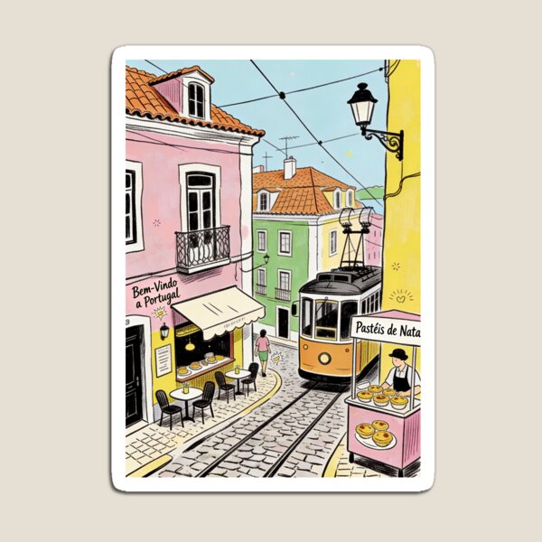 Item preview, Portugal Travel Illustration Lisbon Tram Street Pastel City Architecture Portuguese Food Artwork European Vacation Design designed and sold by Kzara Visual.
