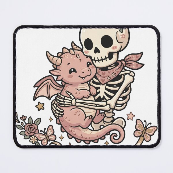Item preview, Skeleton with Flower on Skull Hugging Cute Baby Dragon with Butterflies and Roses designed and sold by MisteryDesigner.
