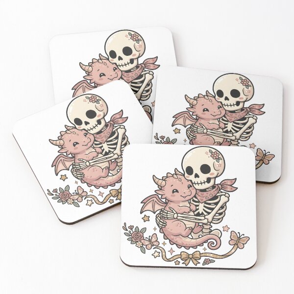 Item preview, Skeleton with Flower on Skull Hugging Cute Baby Dragon with Butterflies and Roses designed and sold by MisteryDesigner.
