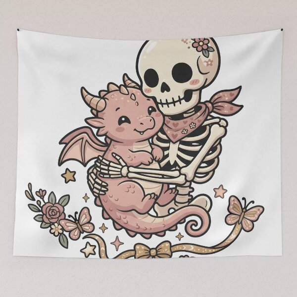 Item preview, Skeleton with Flower on Skull Hugging Cute Baby Dragon with Butterflies and Roses designed and sold by MisteryDesigner.