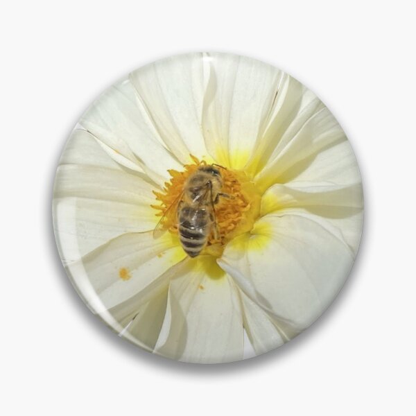 Item preview, White Dahlia Flower with Honeybee Pollinating designed and sold by BalkanBloom.