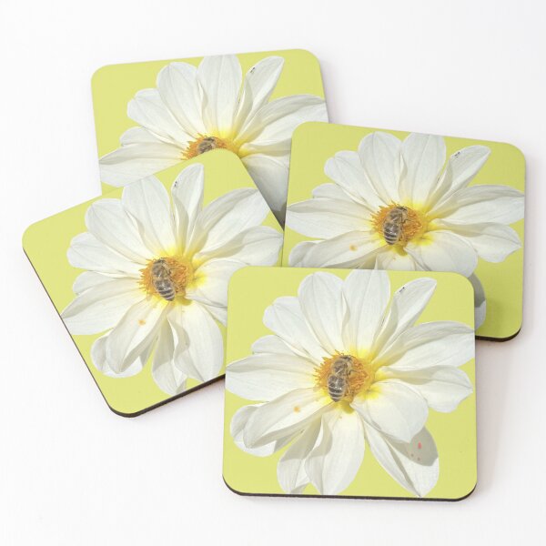 Item preview, White Dahlia Flower with Honeybee Pollinating designed and sold by BalkanBloom.