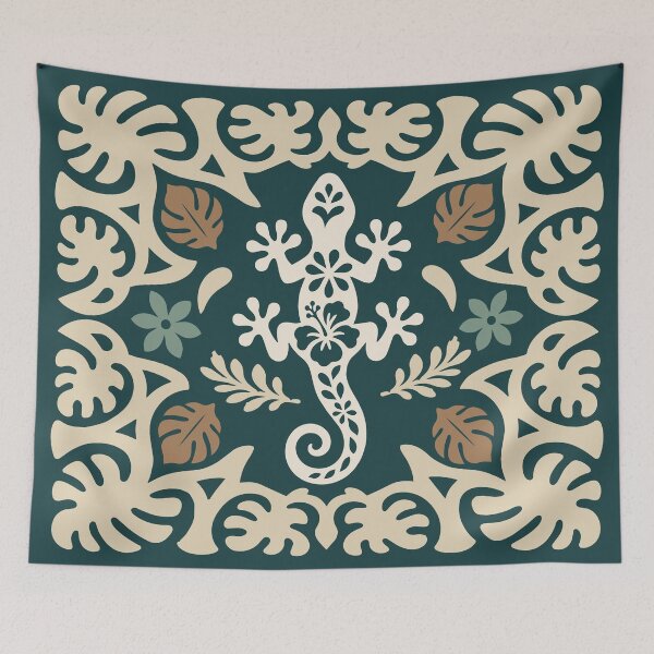 Item preview, Polynesian Gecko Tifaifai – Teal & Cream Tropical Lizard designed and sold by Tahitifaifai.