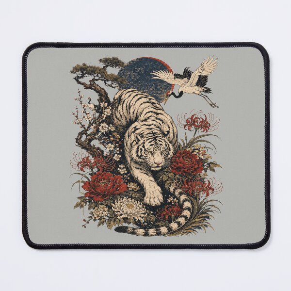 Aperçu de l'œuvre Chemise à motif de grue japonaise imprimée sur bois White Tiger Moon Garden créée et vendue par POD DYNASTY | Original Print On Demand T-Shirt Graphics.
