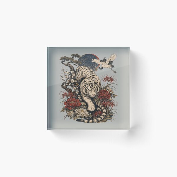 Item preview, White Tiger Moon Garden Japanese Woodblock Crane Shirt designed and sold by POD DYNASTY | Original Print On Demand T-Shirt Graphics.