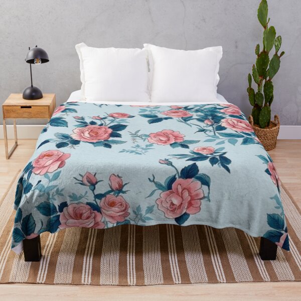Item preview, Vintage Botanical Pink Rose Pattern Soft Blue Aesthetic designed and sold by MAGICKEY2024.