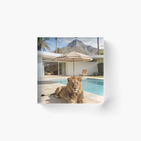 Item preview, Lion Photography Luxury Villa Poolside Mountain View Modern Architecture Summer Vacation Wildlife Travel Print designed and sold by Kzara Visual.