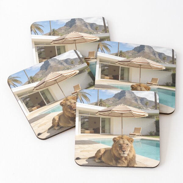 Item preview, Lion Photography Luxury Villa Poolside Mountain View Modern Architecture Summer Vacation Wildlife Travel Print designed and sold by Kzara Visual.